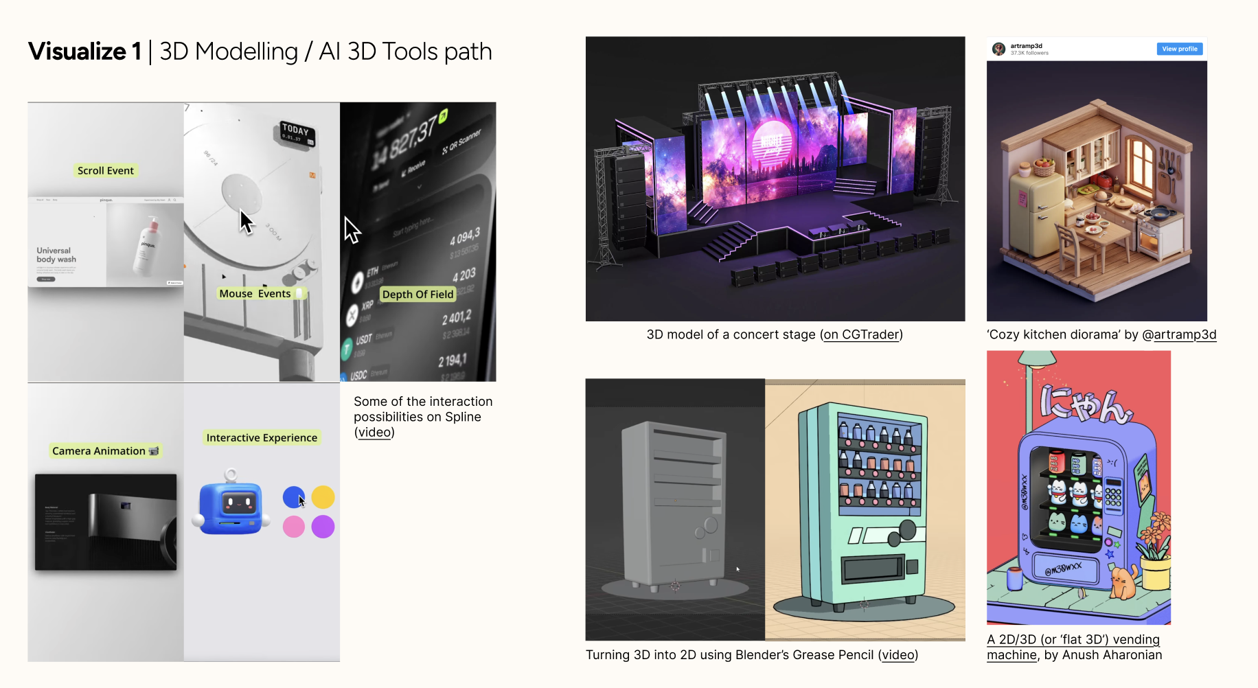 Developing a moodboard for the 3D Modelling/AI 3D Tools path, curating a range of examples that served as visual and conceptual inspiration