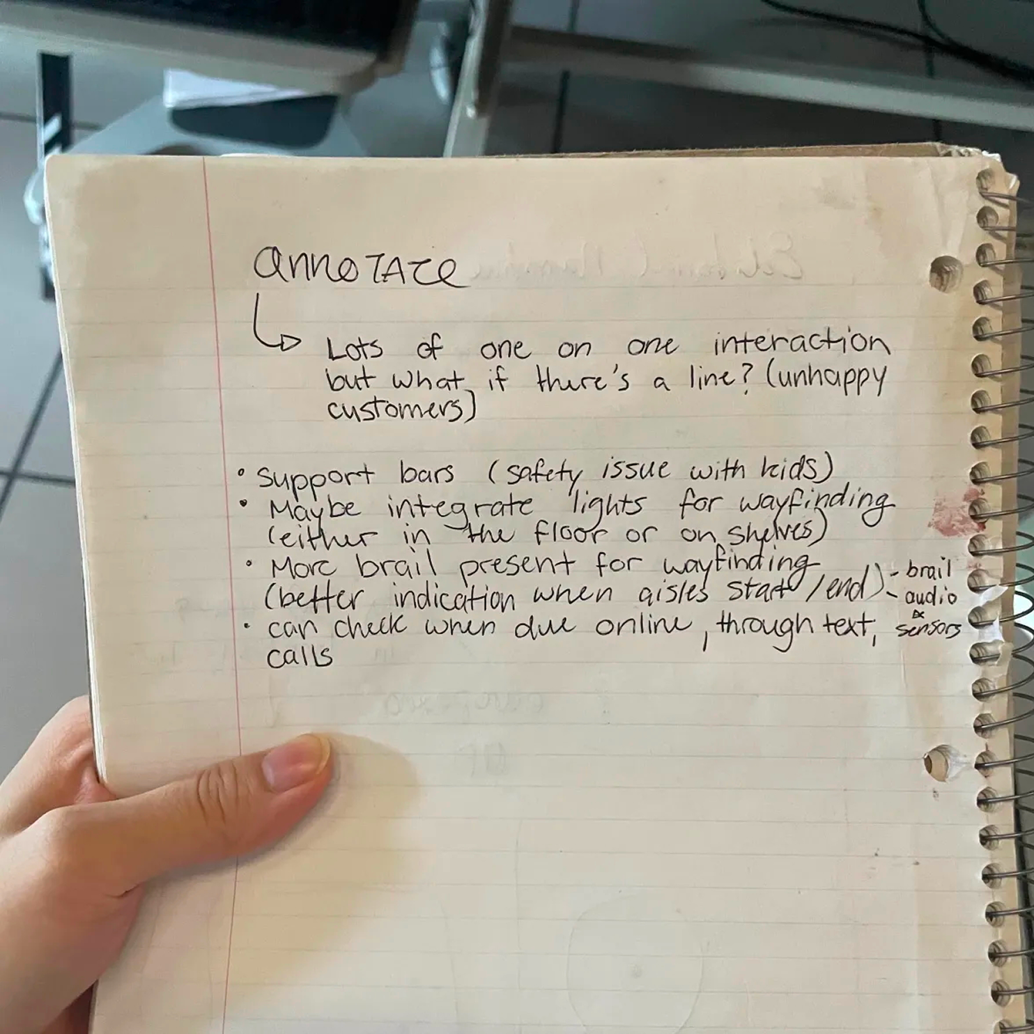<b>What if?</b> <br> Here we wrote down various scenarios that could occur during the checkout process. We also wrote down various design solutions for the physical space within the library.