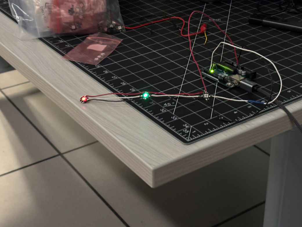 Testing the newly-soldered wires, with the LEDs flashing colours successfully